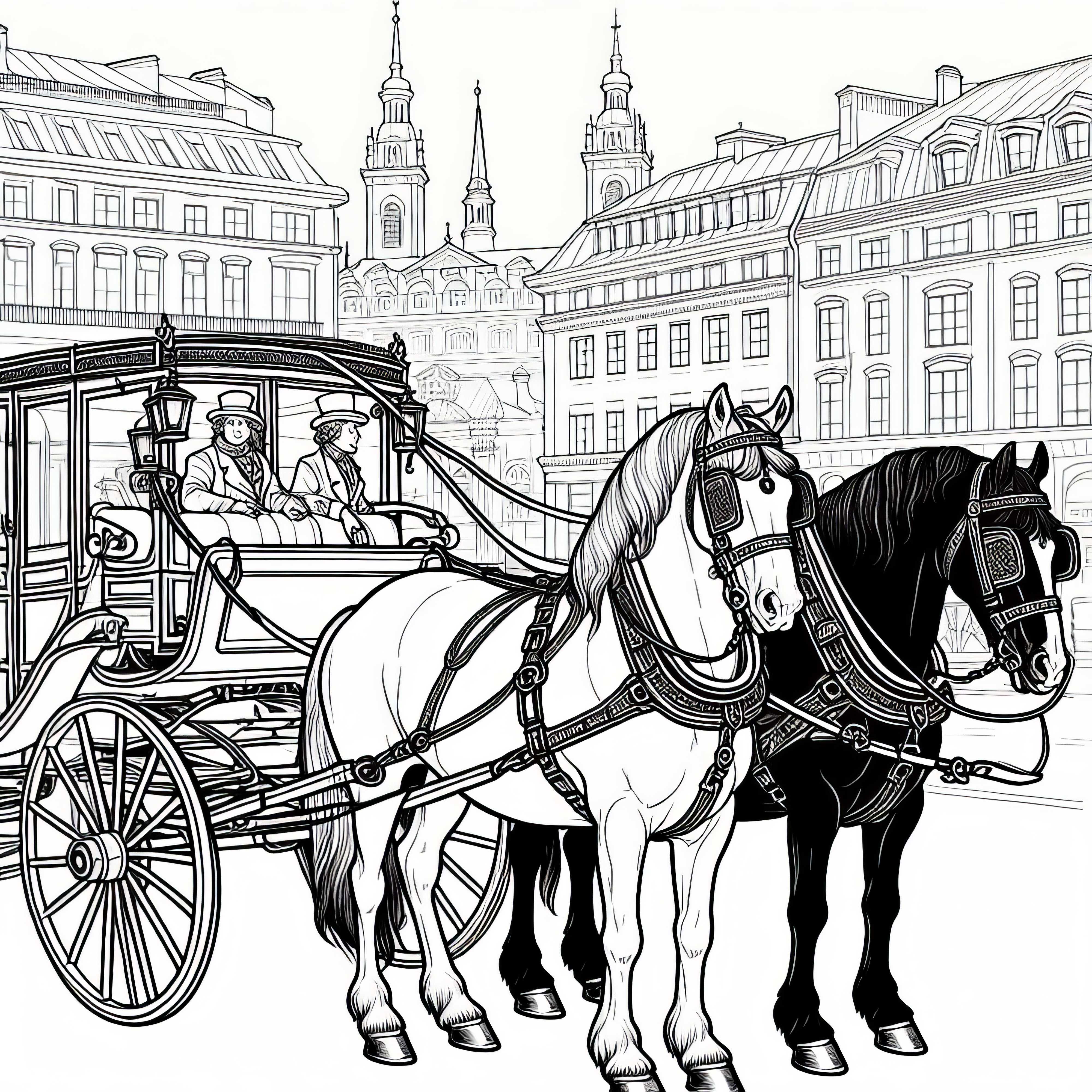 Konské záprahy pred historickým vozom – Vyfarbovací obrázok na stiahnutie zadarmo Kone ťahajúce historický voz - bezplatné stiahnutie omalovánky