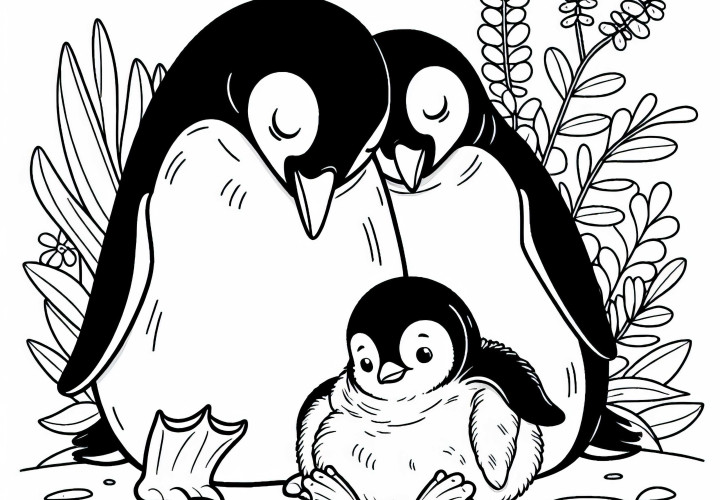 Pinguin-Eltern wärmen ihr Küken – Malvorlage kostenlos