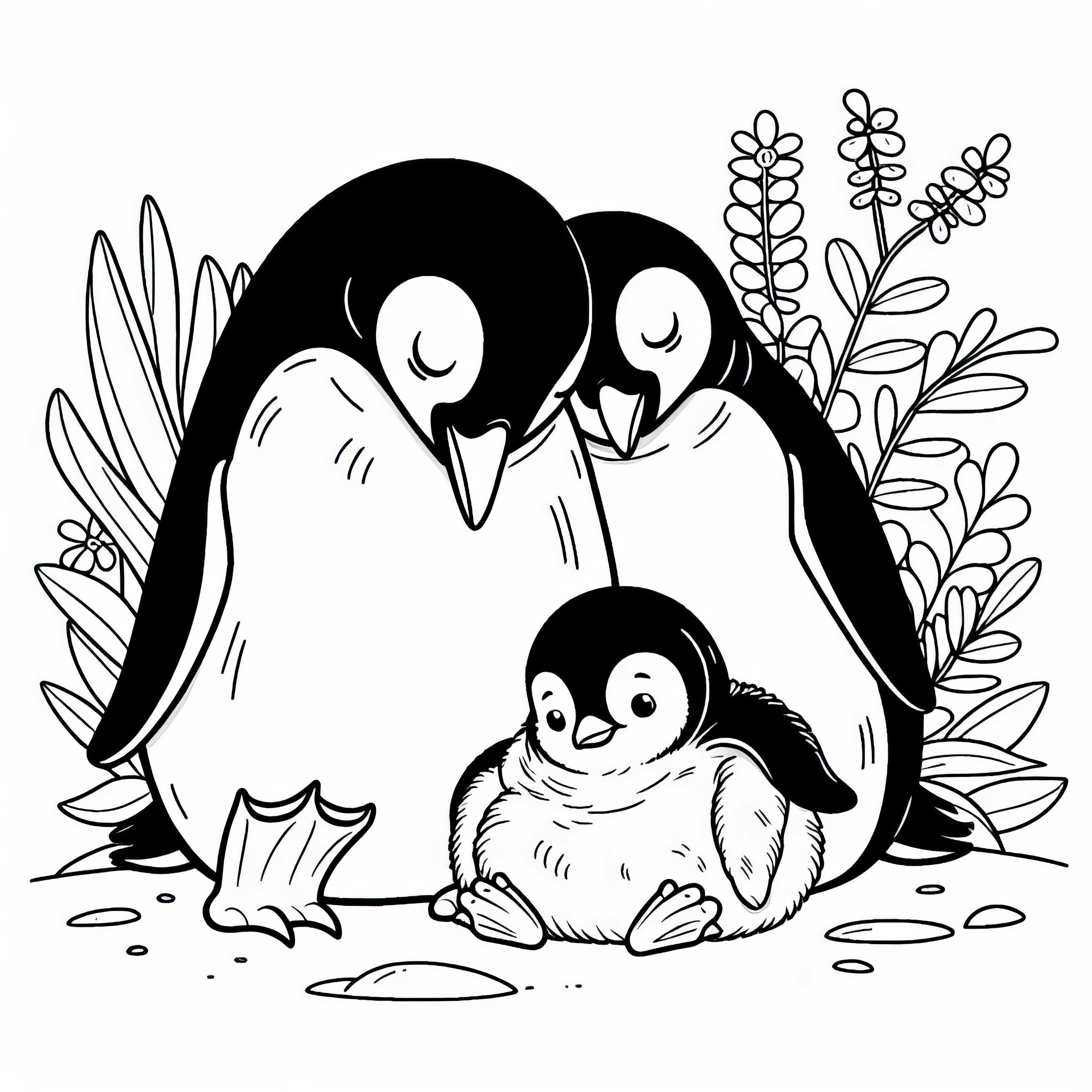 Pinguin-Eltern wärmen ihr Küken – Malvorlage kostenlos