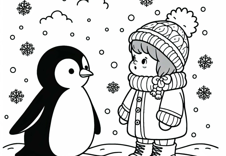 Dítě stojí vedle tučňáka ve sněhu – zdarma ke stažení omalovánka Dítě vedle tučňáka ve sněhu – zdarma ke stažení omalovánka