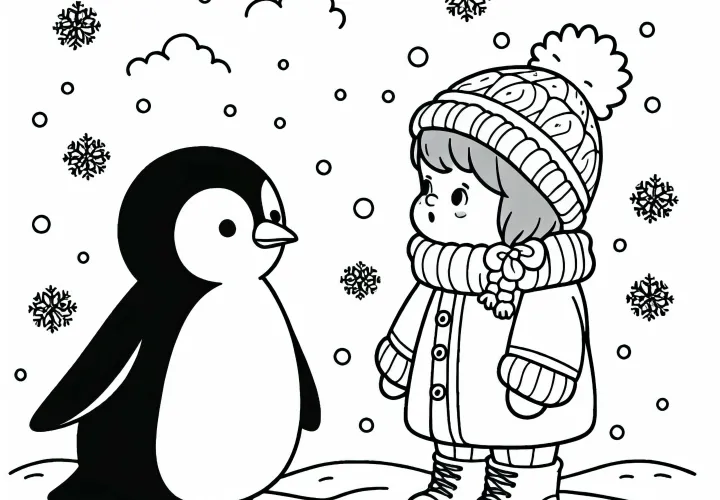 Dítě vedle tučňáka ve sněhu – zdarma ke stažení omalovánka Dítě vedle tučňáka ve sněhu – zdarma ke stažení omalovánka