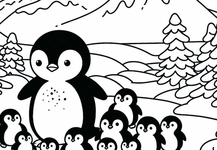 Gruppe von Pinguinen watschelt durch Schneelandschaft – Malvorlage gratis Gruppe von Pinguinen watschelt durch Schneelandschaft – Malvorlage gratis