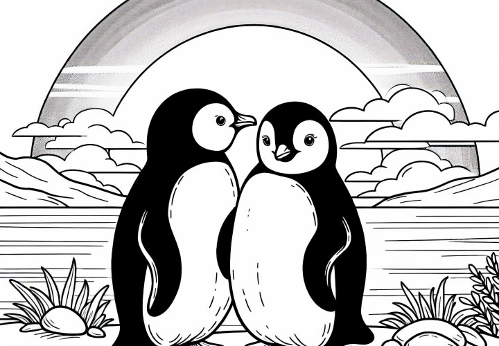 Zwei Pinguine vor Sonnenuntergang – Malvorlage Kostenlos