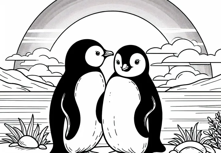 Dva tučniaky pri západe slnka – Farbová predloha zadarmo