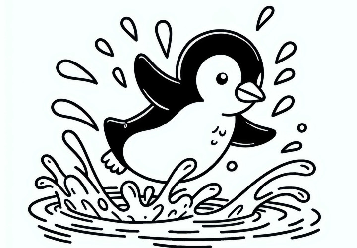 Pinguin springt aus Wasser mit Wasserspritzern – Malvorlage kostenlos
