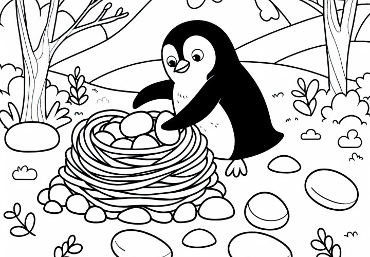 Pinguin baut Nest – Ausmalbild kostenlos herunterladen