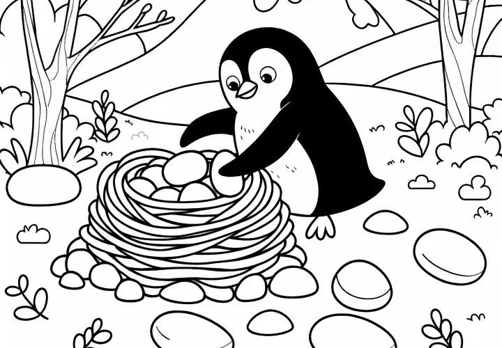Tučniak stavia hniezdo – Bezplatne na stiahnutie omaľovánka