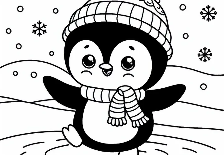 Veselý tučniak s šálom a čiapkou tancuje v snehu – Predloha na maľovanie zadarmo