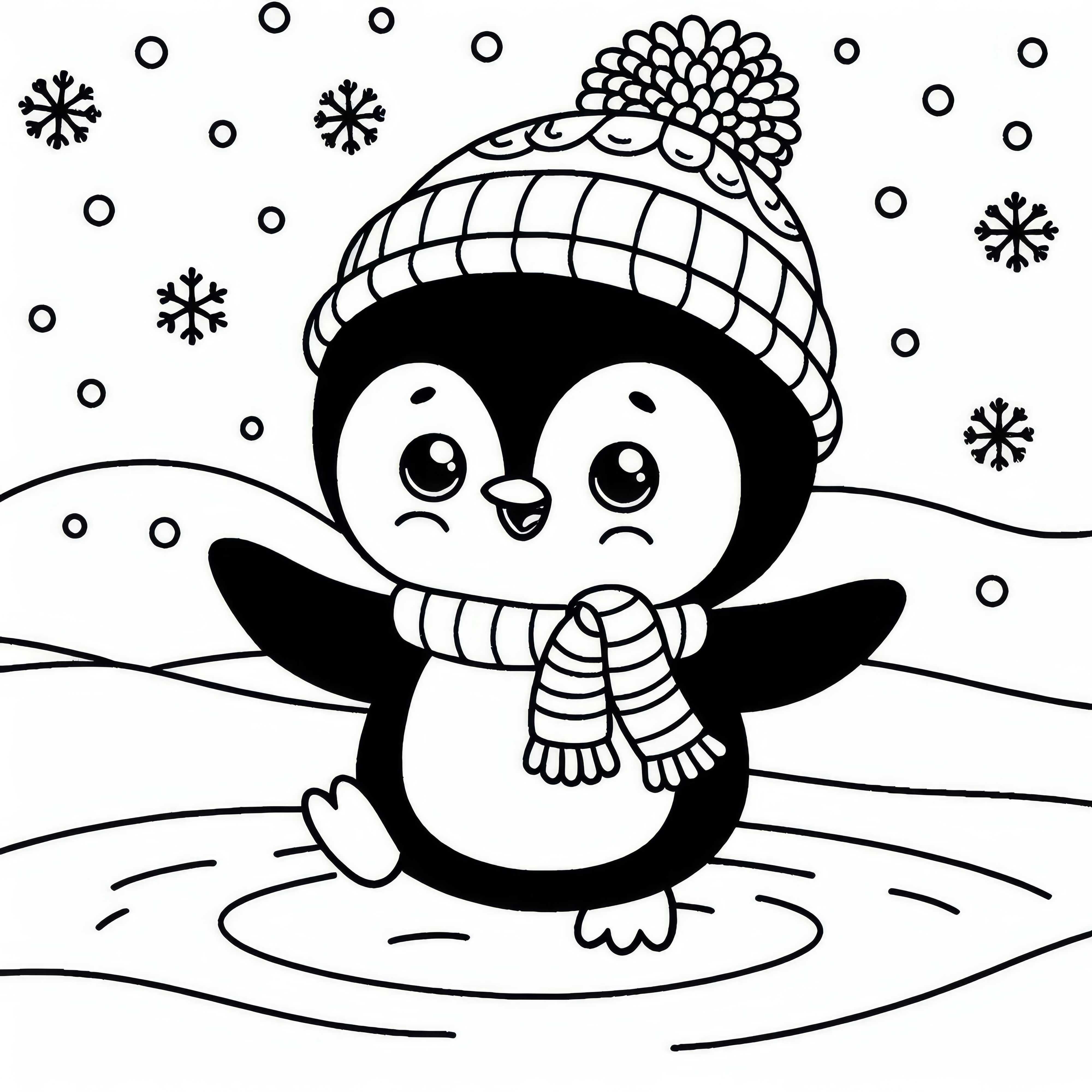 Lustiger Pinguin mit Schal und Mütze tanzt im Schnee – Malvorlage gratis