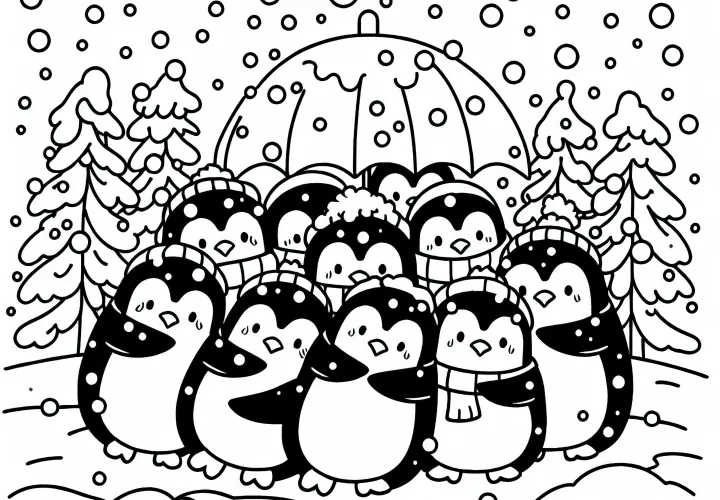 Tučniaky stoja nahromadené v snehovej búrke - bezplatná vymaľovánka