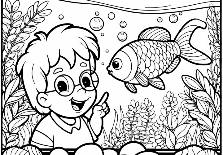Child looking through aquarium with goldfish – Free coloring page Child looks through aquarium with goldfish – Free coloring page
