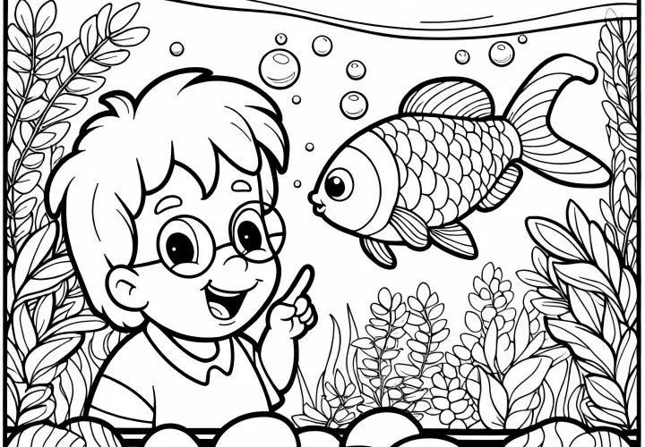 Child looks through aquarium with goldfish – Free coloring page Child looks through aquarium with goldfish – Free coloring page
