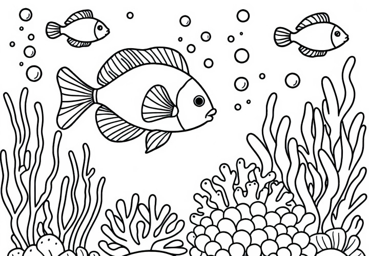 Fish swim among corals and water plants - Free coloring page Fish swim among corals and water plants - free coloring page