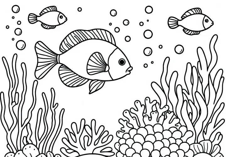 Fish swim among corals and water plants - free coloring page Fish swim among corals and water plants - free coloring page