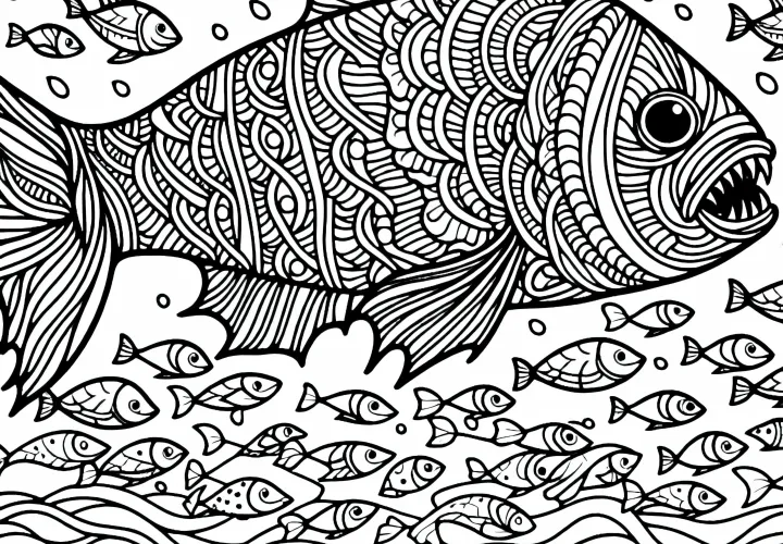 School of small fish flees from predator fish – Free coloring page School of small fish flees from predator fish – Free coloring page