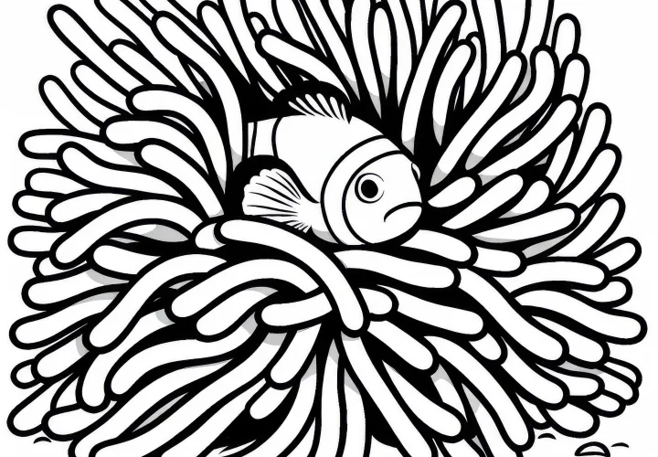 Clownfish hides in sea anemone – free coloring template Clownfish hides in sea anemone – free coloring template