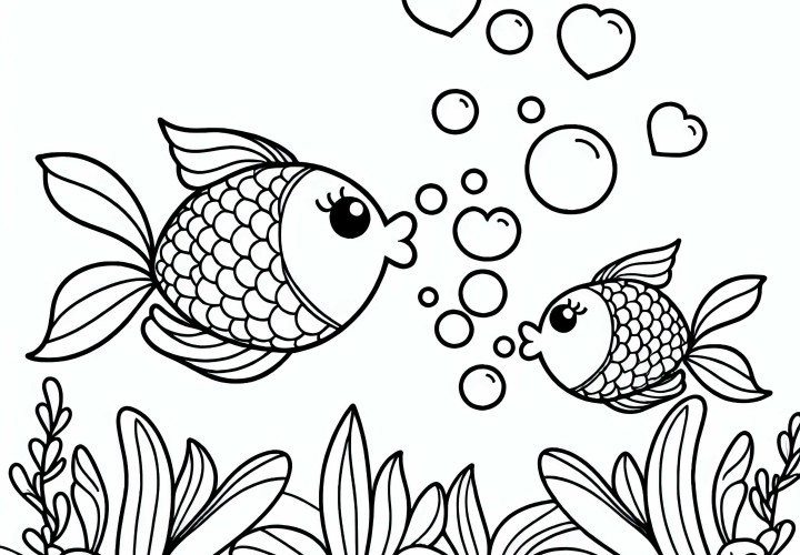 Two fish are bubbling heart-shaped air bubbles - download free coloring page Two fish are blowing heart-shaped air bubbles - Download free coloring page