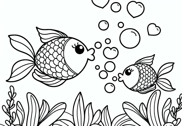 Two fish are blowing heart-shaped air bubbles - Download free coloring page Two fish are blowing heart-shaped air bubbles - Download free coloring page