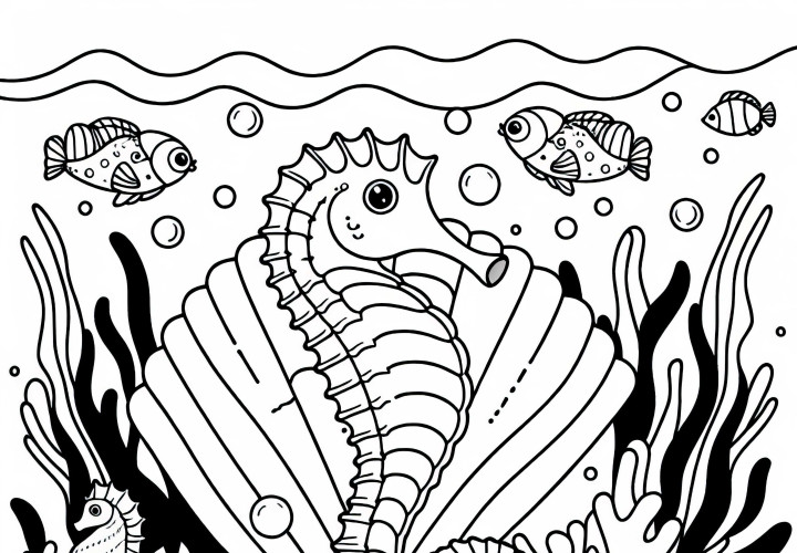 Seahorses and small fish dance around a shell - Free coloring page Seahorses and small fish dance around a shell – Free coloring page