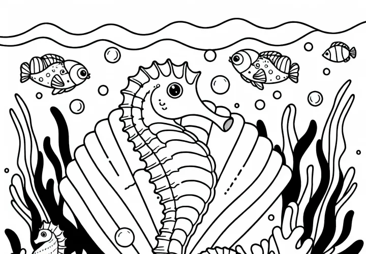 Seahorses and small fish dance around a shell – Free coloring page Seahorses and small fish dance around a shell – Free coloring page
