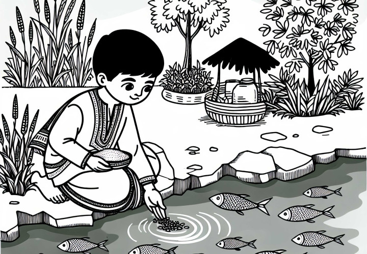 Child feeding fish in the pond with pieces of bread - Free coloring page Child feeds fish in the pond with pieces of bread - Free coloring page