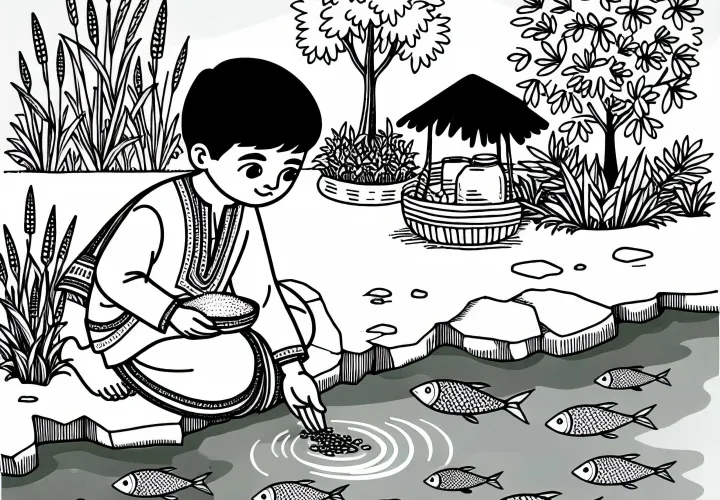 Child feeds fish in the pond with pieces of bread - Free coloring page Child feeds fish in the pond with pieces of bread - Free coloring page