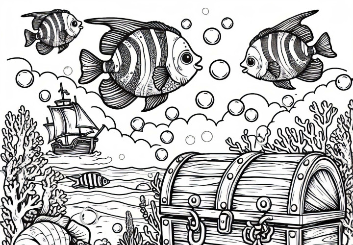 Fish swim over treasure chest on the ocean floor - Free coloring page Fish swim over a treasure chest on the seabed - coloring page for free