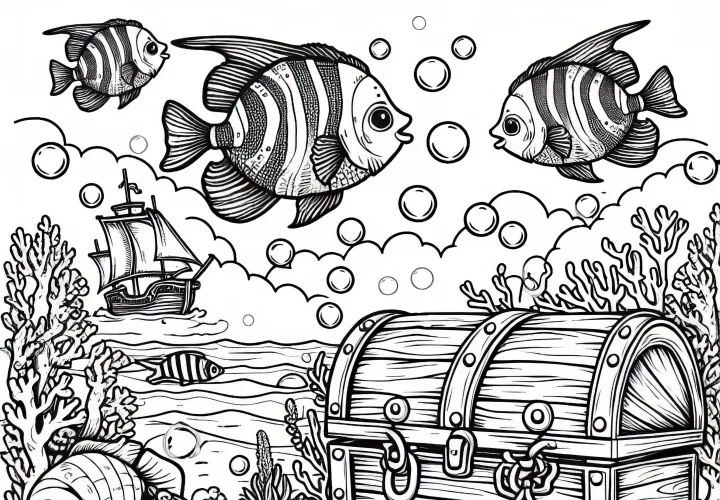 Fish swim over a treasure chest on the seabed - coloring page for free Fish swim over a treasure chest on the seabed - coloring page for free