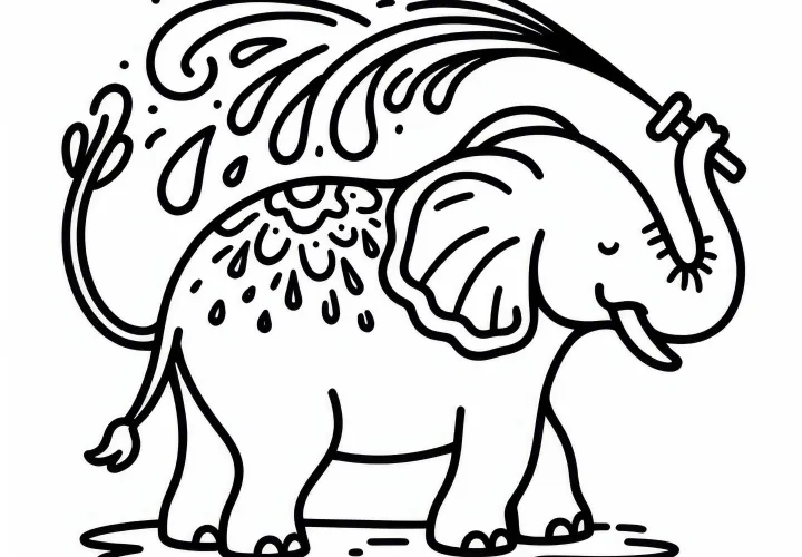 Elephant sprays water on its back - free coloring template Elephant sprays water on its back - free coloring template