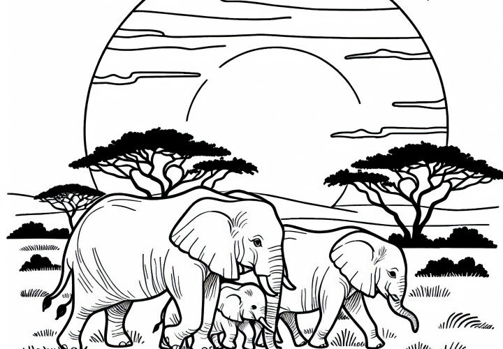 Elephant family wanders through the savannah at sunset – free coloring page Elephant family wanders through the savannah at sunset - free coloring page