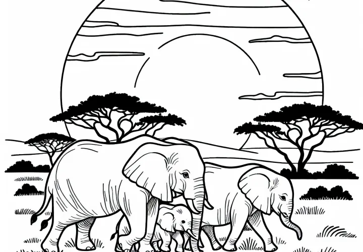 Elephant family wanders through the savannah at sunset - free coloring page Elephant family wanders through the savannah at sunset - free coloring page
