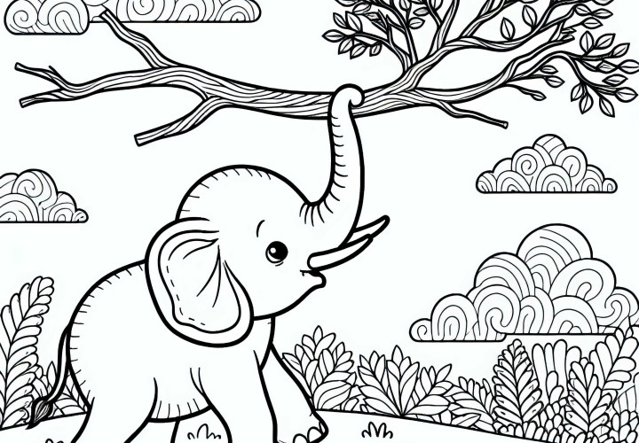 An elephant lifts a branch with its trunk – Free coloring page An elephant lifts a branch with its trunk - Free coloring page