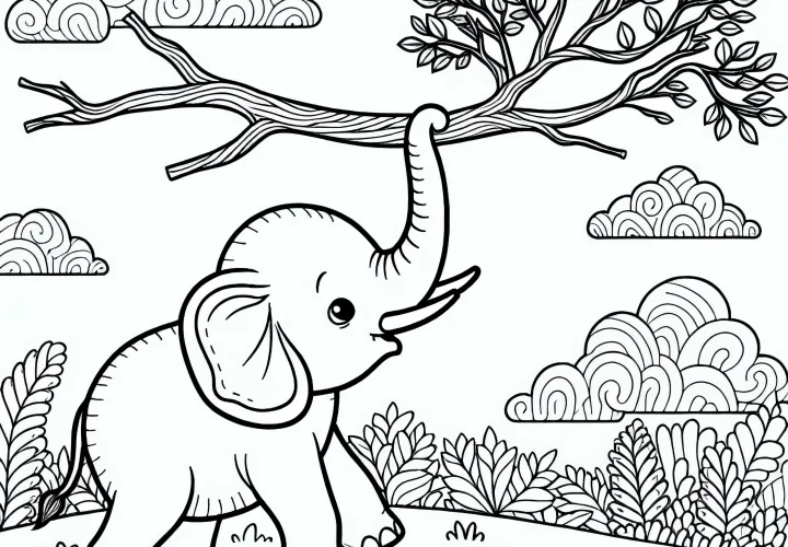 An elephant lifts a branch with its trunk - Free coloring page An elephant lifts a branch with its trunk - Free coloring page