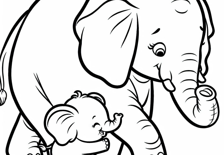 Baby elephant walks between the legs of the mother - Free coloring page Baby elephant walks between the mother's legs - Free coloring page