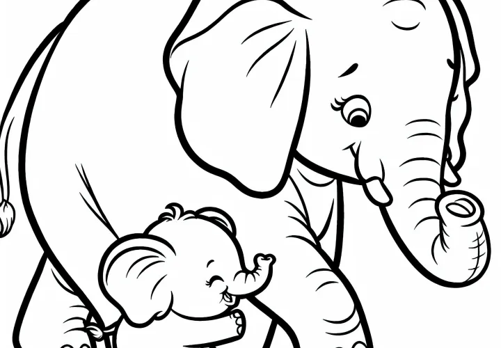 Baby elephant walks between the mother's legs - Free coloring page Baby elephant walks between the mother's legs - Free coloring page