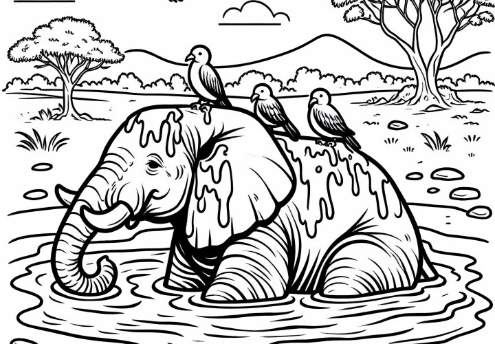 An elephant is bathing in a mud pit with birds on its back – Coloring page available for free download An elephant is bathing in a mud puddle with birds on its back – Coloring page for free download