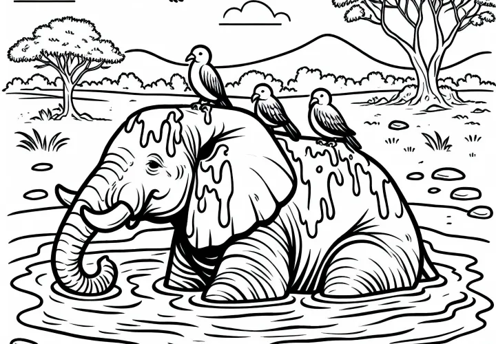 An elephant is bathing in a mud puddle with birds on its back – Coloring page for free download An elephant is bathing in a mud puddle with birds on its back – Coloring page for free download
