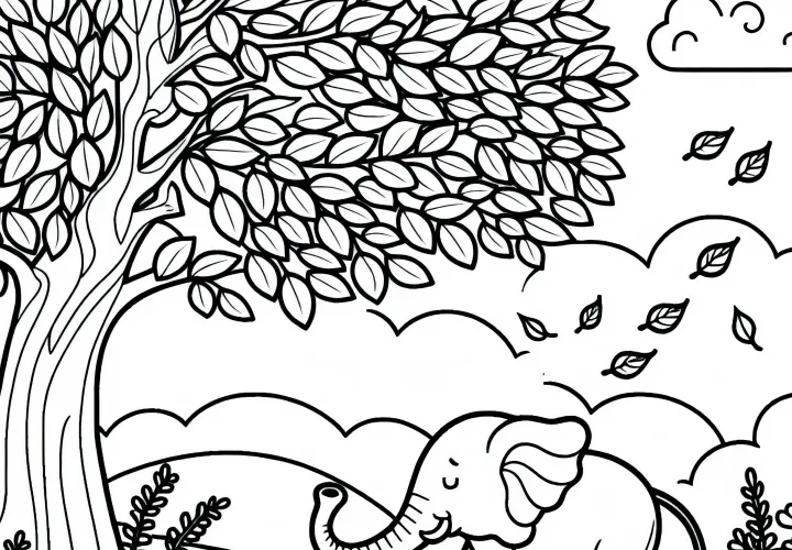 Elephant stands under tree – Free coloring page Elephant stands under tree – Free coloring page