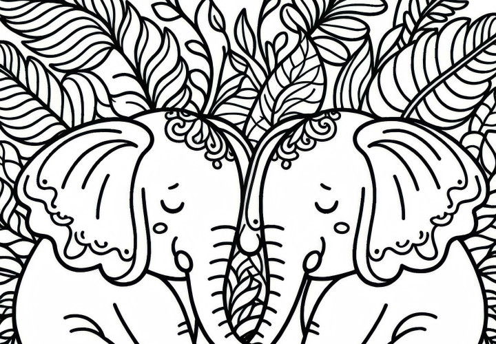 Two elephants touch each other with their trunks - free coloring page Two elephants touch each other with their trunks – Free coloring page