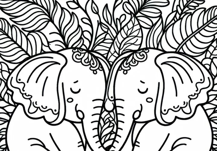 Two elephants touch each other with their trunks – Free coloring page Two elephants touch each other with their trunks – Free coloring page