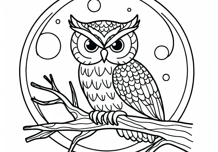 Owl sitting on a branch at full moon - Free coloring page Owl sitting on a branch at full moon - Free coloring page