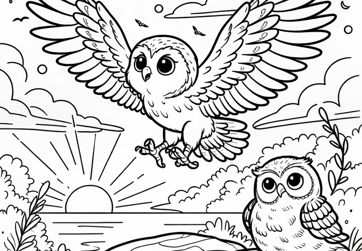Young Owl Learning to Fly – Free Coloring Page Young owl learns to fly - free coloring page