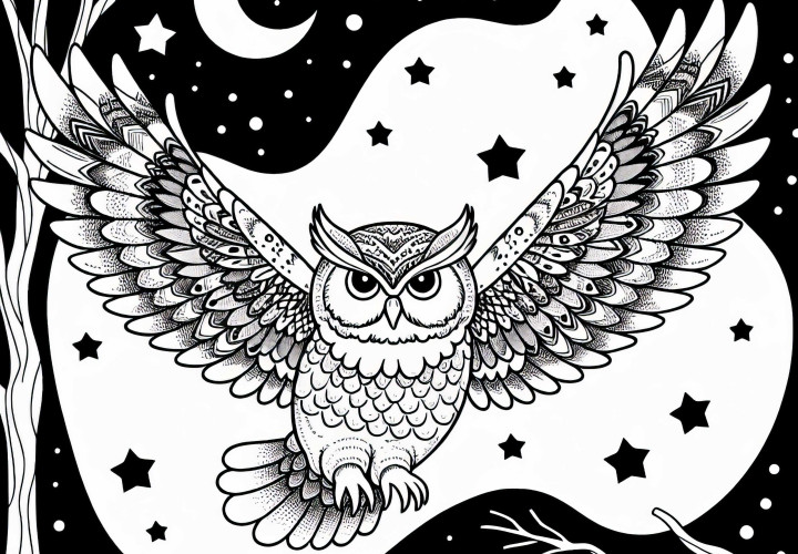 Owl flies silently through the night with outstretched wings – Free coloring page Owl flies silently through the night with outstretched wings - Free coloring page
