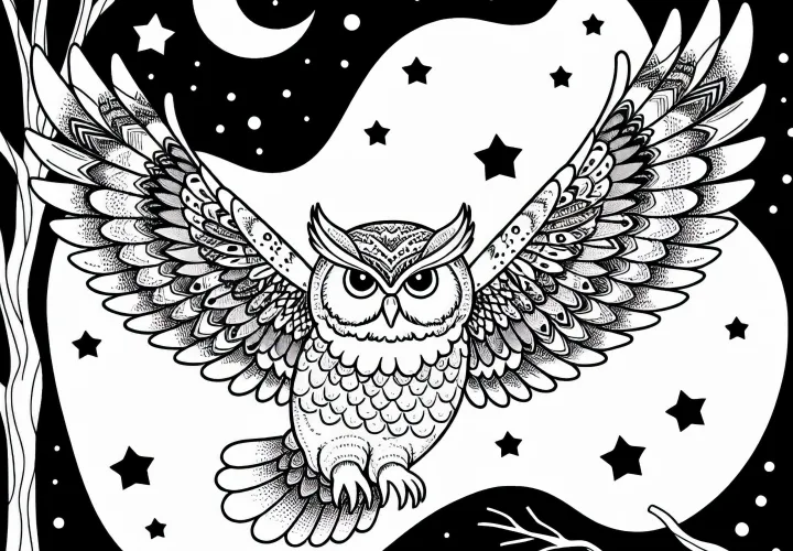 Owl flies silently through the night with outstretched wings - Free coloring page Owl flies silently through the night with outstretched wings - Free coloring page