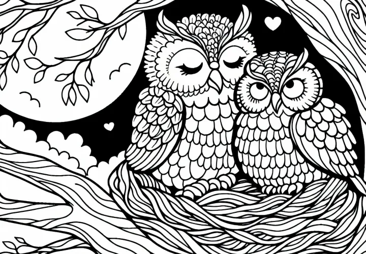 Two owls cuddle in a nest - Free coloring page Two owls cuddle in a nest - Free coloring page