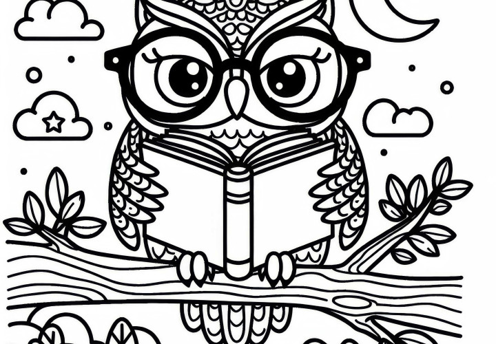 Owl with glasses reading a book on a branch - free coloring page Owl with glasses reading a book on a branch - free coloring page