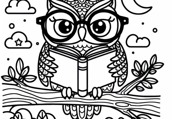 Owl with glasses reading a book on a branch - free coloring page Owl with glasses reading a book on a branch - free coloring page
