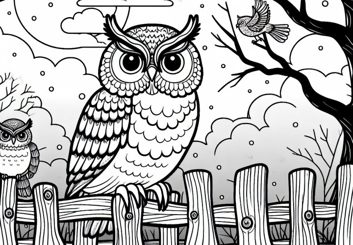 Owl sitting on a fence in the fog - Free coloring page Owl sitting on a fence in the fog - Free coloring template