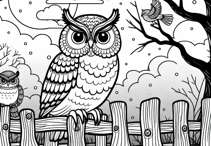 Owl sitting on a fence in the fog - Free coloring template Owl sitting on a fence in the fog - Free coloring template