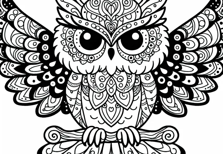 Fantasy owl with decorative patterns on wings – Free coloring page Fantasy owl with decorative patterns on wings – Free coloring page